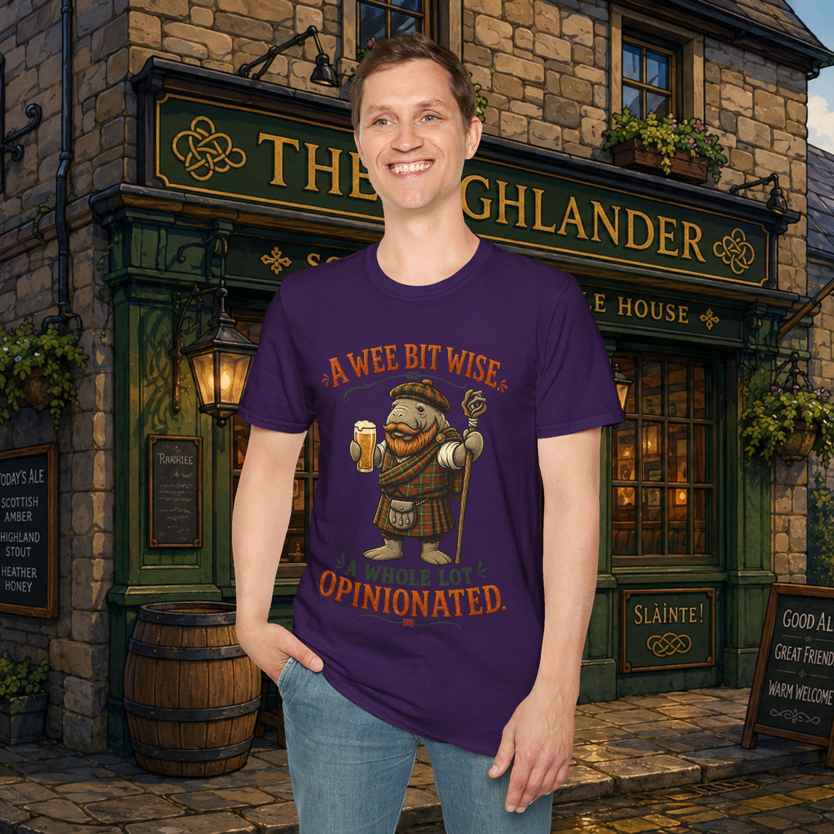 A Wee Bit Wise A Whole Lot Opinionated Shirt | Funny Scottish Manatee Tee | Highland Humor Graphic T-Shirt