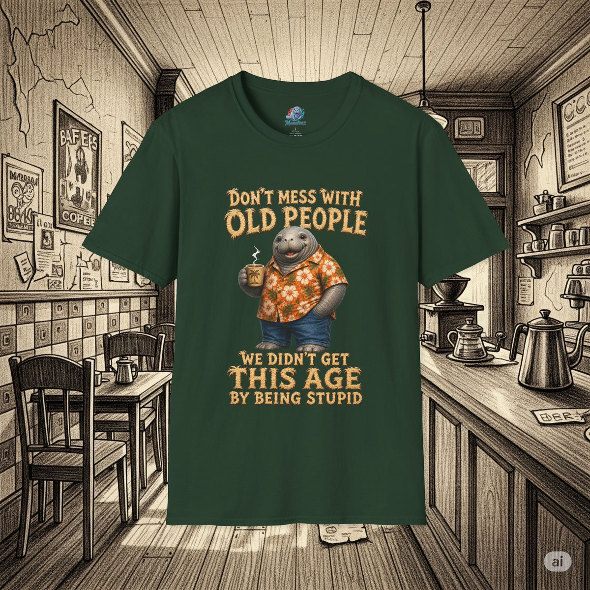 Don't Mess With Old People Shirt | Funny Manatee Humor Tee | We Didn't Get This Age By Being Stupid no background
