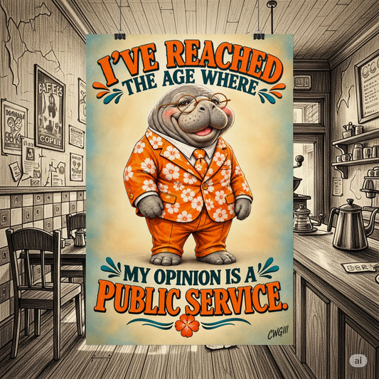 Funny Manatee Rolled Poster – “I’ve Reached the Age Where My Opinion Is a Public Service” Retro Wall Art