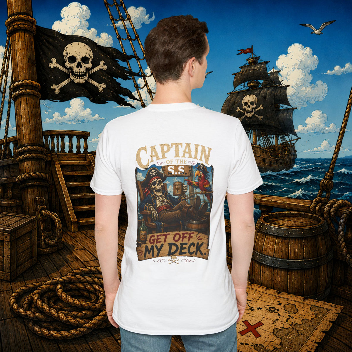 Captain of the S.S. Get Off My Deck Pirate Skeleton Shirt – Funny Grumpy Pirate Graphic Tee