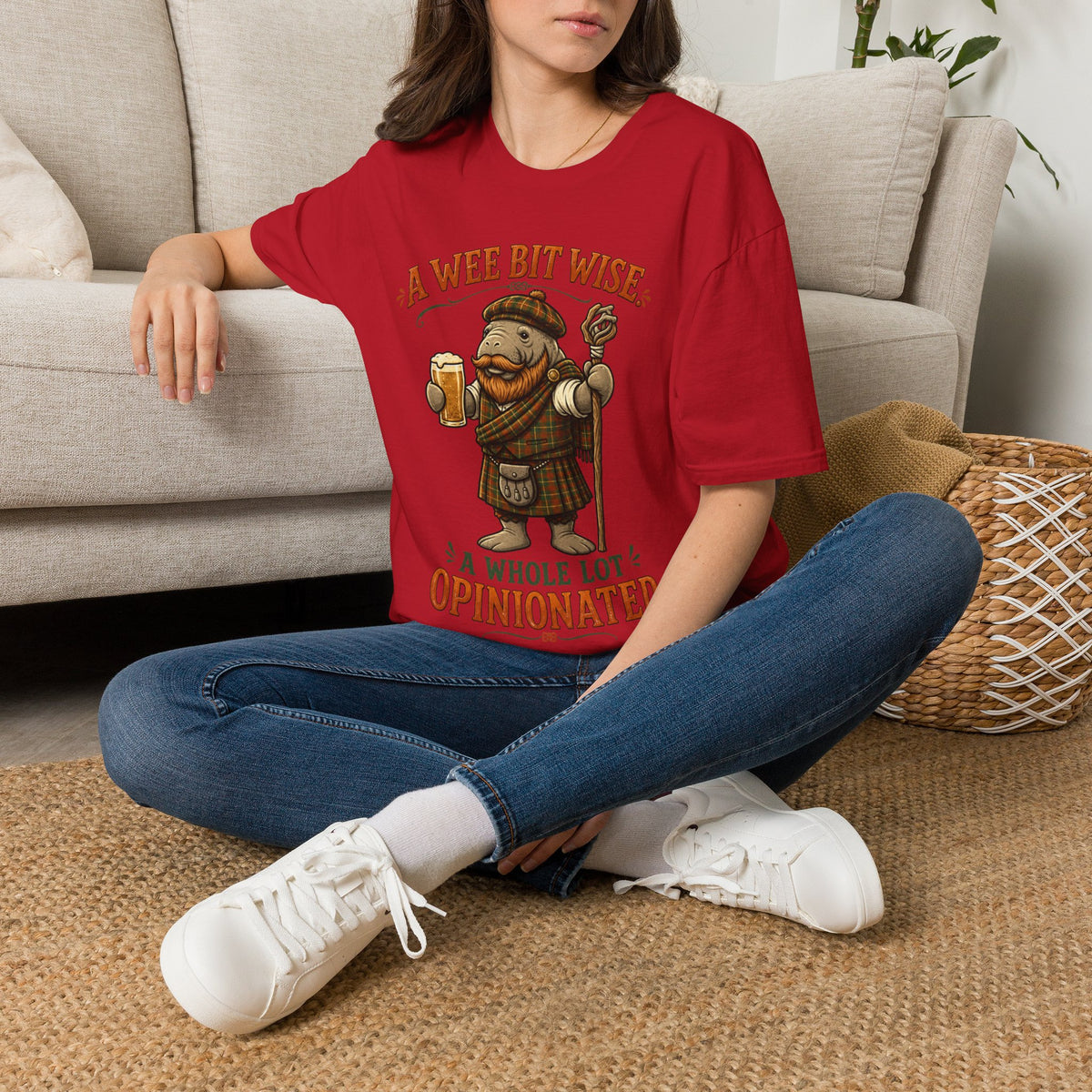 A Wee Bit Wise A Whole Lot Opinionated Shirt | Funny Scottish Manatee Tee | Highland Humor Graphic T-Shirt
