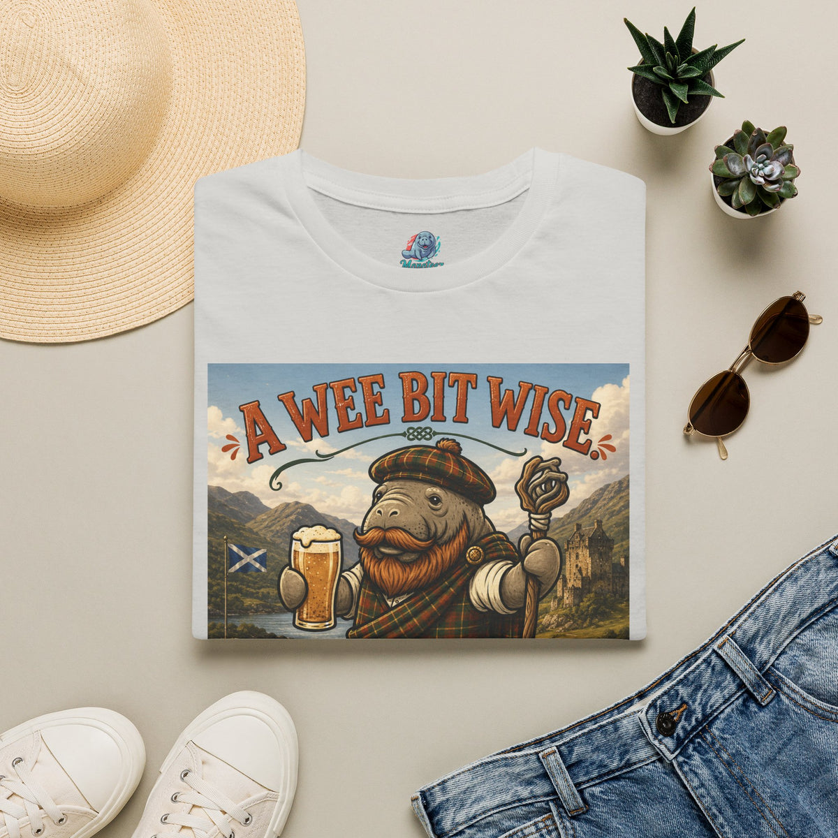 A Wee Bit Wise A Whole Lot Opinionated Shirt | Funny Scottish Manatee Tee | Highland Humor Graphic T-Shirt