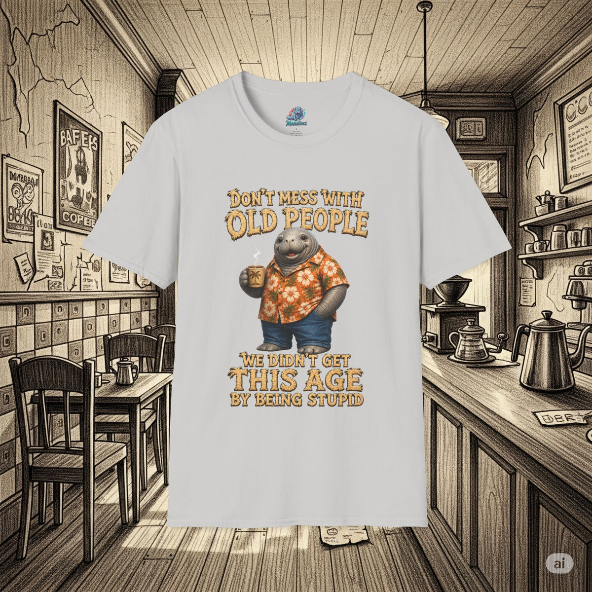 Don't Mess With Old People Shirt | Funny Manatee Humor Tee | We Didn't Get This Age By Being Stupid no background