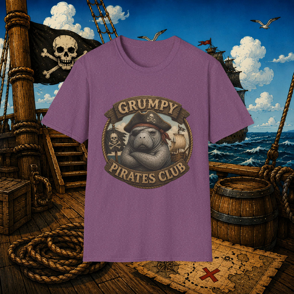 Grumpy Pirates Club Manatee T-Shirt | Funny Pirate Manatee Coastal Humor Tee