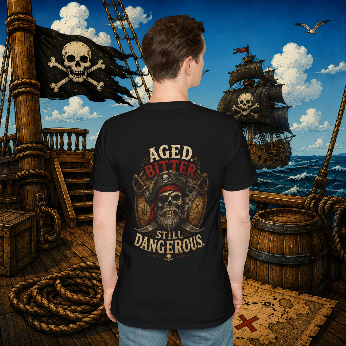 Aged Bitter Still Dangerous Pirate Skull Shirt – Funny Old Pirate Graphic Tee