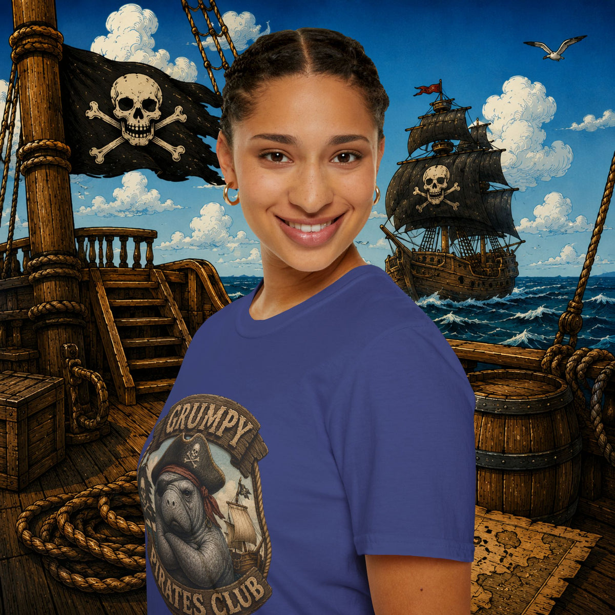 Grumpy Pirates Club Manatee T-Shirt | Funny Pirate Manatee Coastal Humor Tee