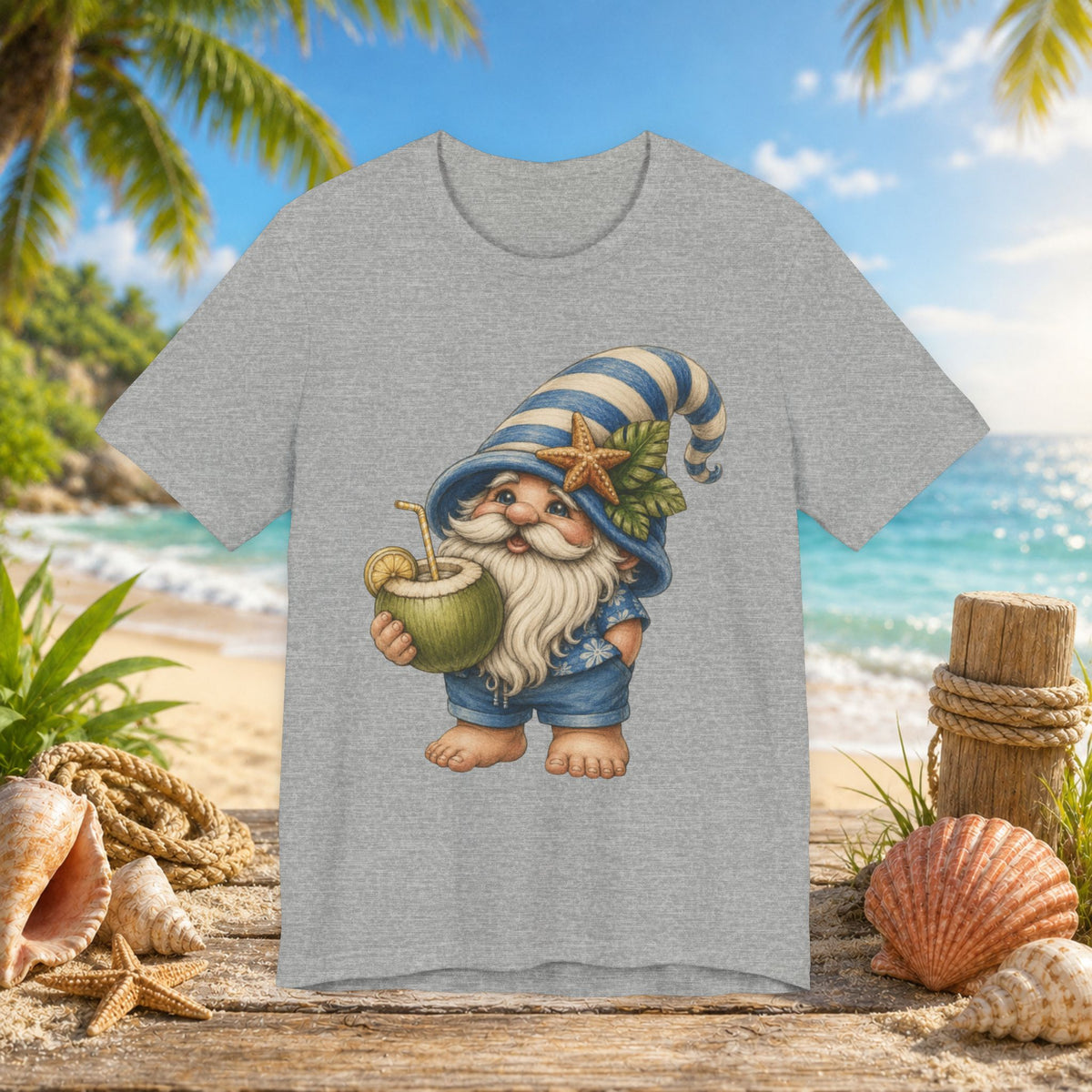 Beach Gnome Drinking Coconut | Coastal Summer Gnome Illustration