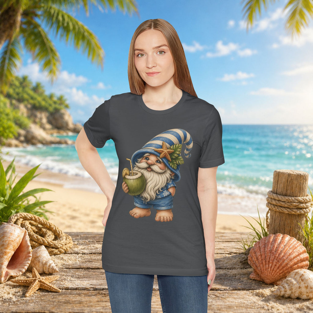 Beach Gnome Drinking Coconut | Coastal Summer Gnome Illustration