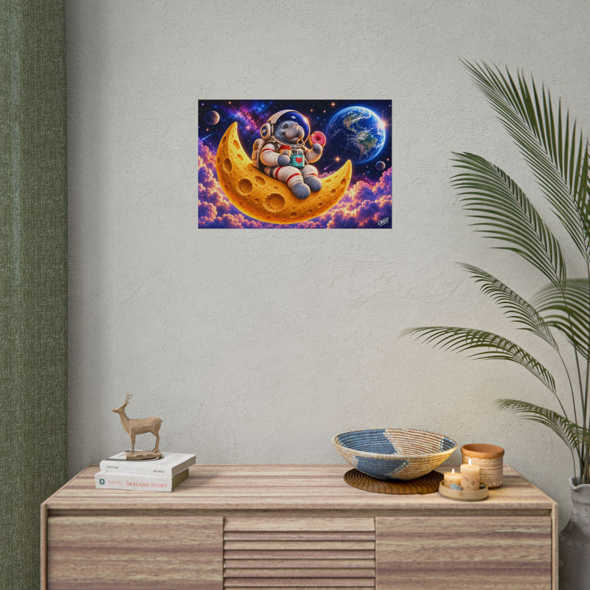 Astronaut Manatee on Crescent Moon Rolled Poster