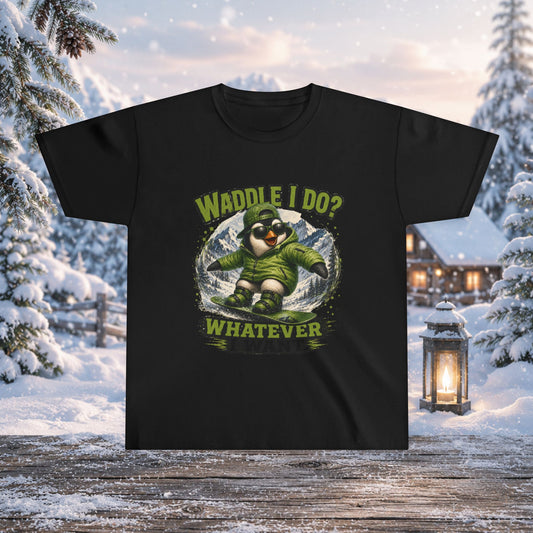Waddle I Do? Whatever I Want. Penguin Snowboarder Funny Kids T-Shirt | Cute Winter Penguin Design